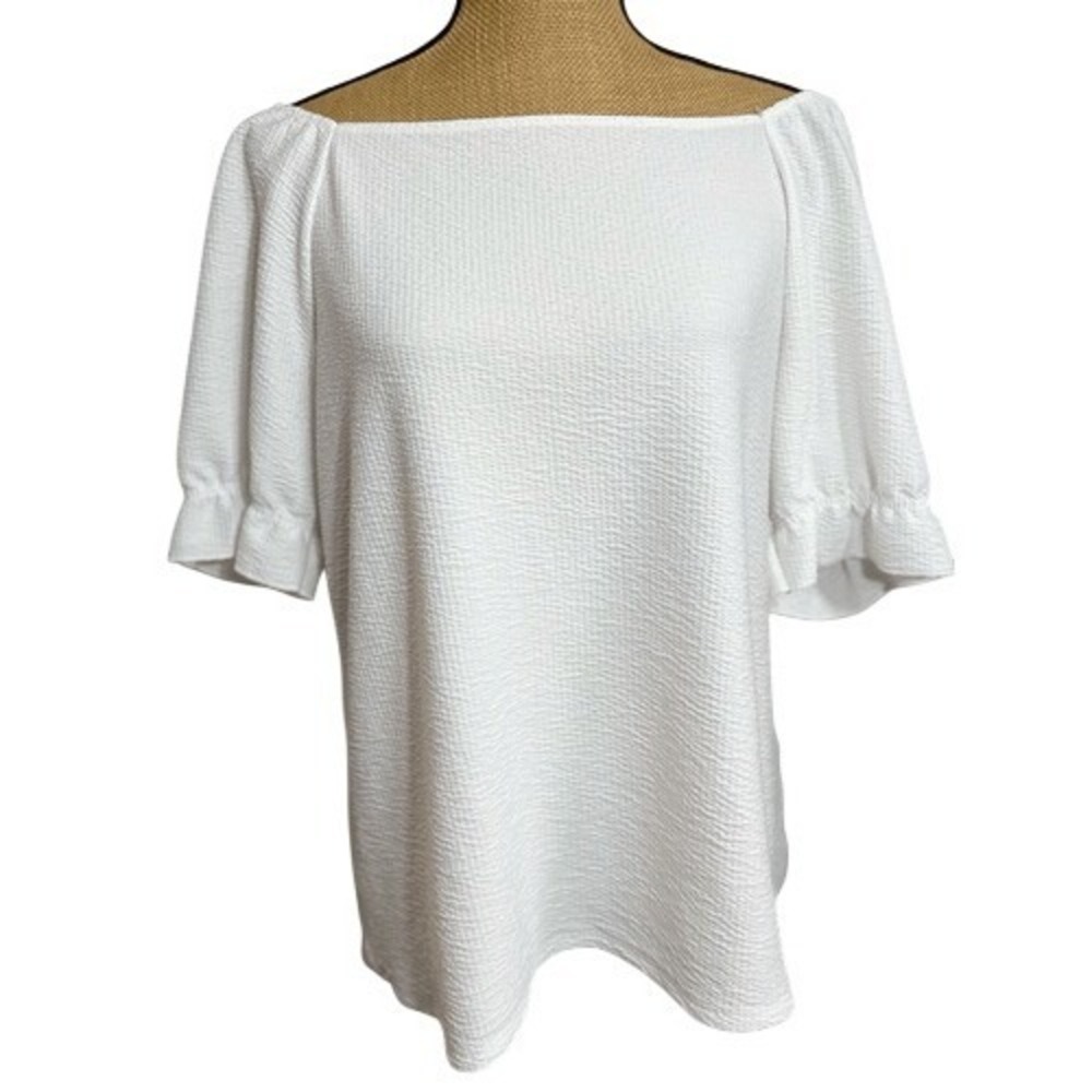 Cato Textured Blouse Shirt Size L Square Neck Flutter Short Sleeve Boho Textured